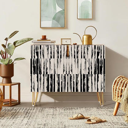 SIGNWIN Sideboard Buffet Cabinet, Kitchen Storage Cabinet with 2 Doors, Black & Gray Grunge Line Patterns, Cupboard Console Table for Dining Room - 35" L x 18" W x 29" H