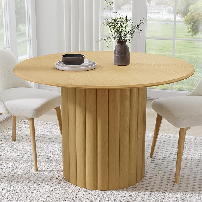 Casaphoria 46" Round Dining Table, Modern Wood Kitchen Table with Cylindrical Wide Bar Protruding Base for Living Room & Dining Room, Easy Assembly Farmhouse Furniture for 4-6, Oak