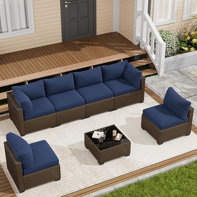 LOUVIXA 7 Piece Outdoor Patio Furniture Set, Outdoor Sectional Sofa, Wicker Rattan Patio Furniture, Patio Conversation Set with Coffee Table & Cushions