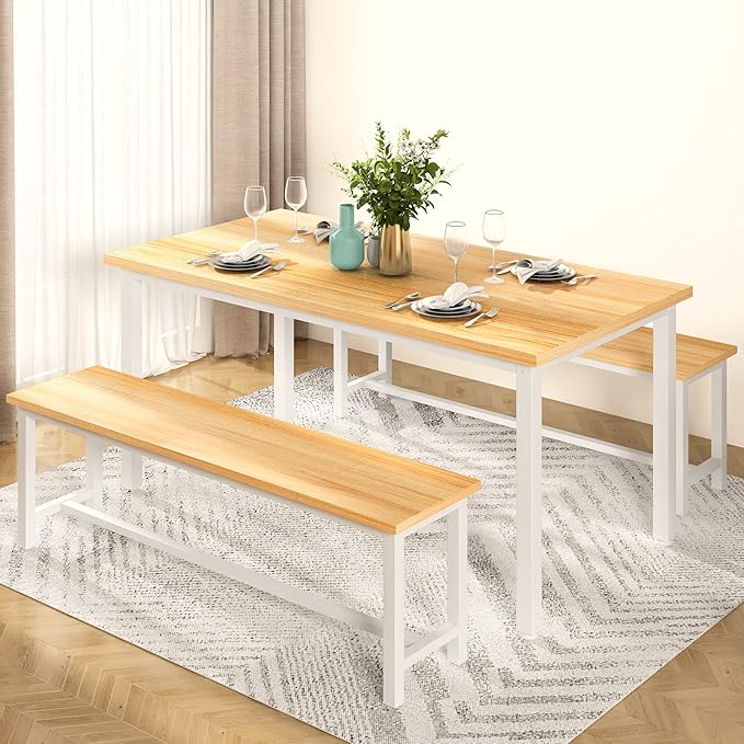DKLGG Dining Table Set for 4, 47.2'' Kitchen Table with 2 Benches, 3 Piece Farmhouse Dining Room Table Set, Space-Saving Dinette for Kitchen, Dining Room, Apartment, Metal Frame & MDF Board