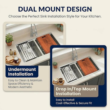 LQS Stainless Steel Sink Double Bowl, 31 Inch Kitchen Sink Undermount, Undermount/Drop In Installation Kitchen Sink 31x18, X-Shaped Drain Line for Quick & Fast Drainage