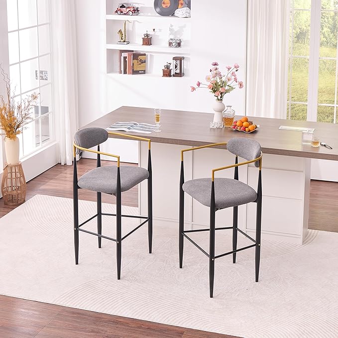 Modern Upholstered Accent Chair Set of 2 with Ergonomic Backrest,Gold Accented Armrests,Linen Fabric Seat,Black Metal Frame,Contemporary Seating for Dining Room,Kitchen Island (Grey,Bar Stool)