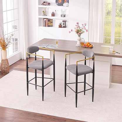 Modern Upholstered Accent Chair Set of 2 with Ergonomic Backrest,Gold Accented Armrests,Linen Fabric Seat,Black Metal Frame,Contemporary Seating for Dining Room,Kitchen Island (Grey,Bar Stool)