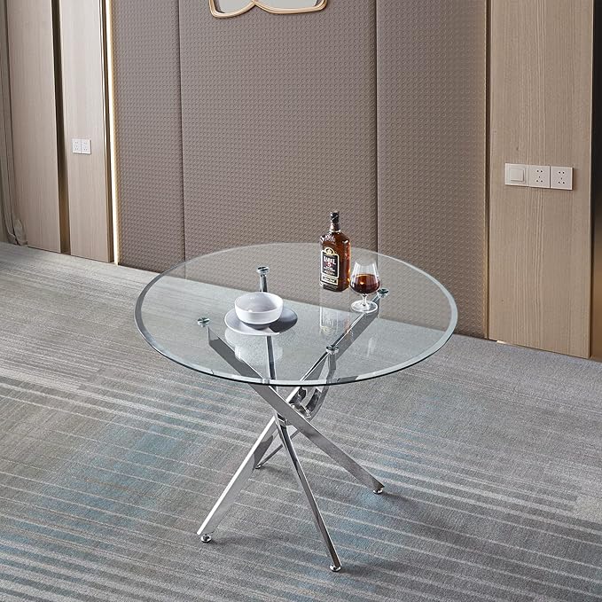 Pvillez Contemporary Dining Table, 36" Round Tempered Glass, Stainless Steel Base, Seats 4, Clear Kitchen Table for Dining