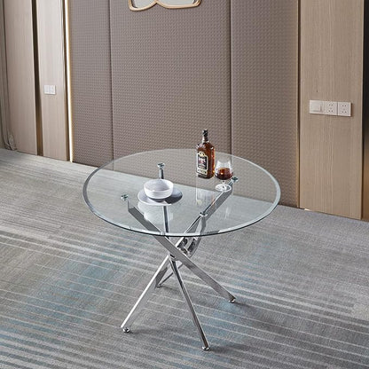 Pvillez Contemporary Dining Table, 36" Round Tempered Glass, Stainless Steel Base, Seats 4, Clear Kitchen Table for Dining