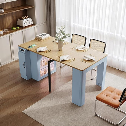 15.6"-59" L x 32.7” W Extendable Dining Table with 3 Removable Middle Leaves Arched Glass Door Power Outlet USB Ports Leveling Feet MDF Kitchen Island Bar Table for Small Spaces Grey-Blue,Natural