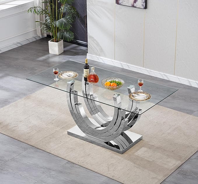 Luxury Silver Glass Dining Table for 6-8 Modern 70" Rectangular Kitchen & Dining Room Table with Stainless Steel Base Large Clear Glass Top Dining Table for Home Office