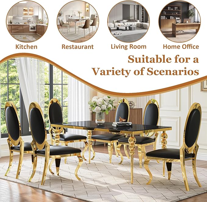 Glass Dining Table Set for 6 with 70" Rectangular Black Glass Kitchen Table, 7 Piece Dining Room Set with 6 Black Oval Back Upholstered Chairs for Living Room, Restaurant