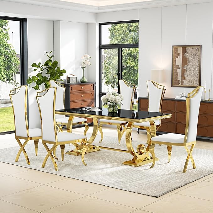 7-Piece Modern Luxury Dining Table Set, 70" Black Tempered Glass Dining Table with Gold Polished Stainless Steel U-Shaped Pedestal Base, 6 White PU Leather X-Leg Dining Chairs, for Dining Room