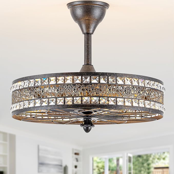 Vintage Chandelier Light Fixture 6-Light,Retro Antique Fandelier Ceiling Fan with Light, Decorative Traditional Crystal Bladeless Caged Enclosed Hanging Pendant for Bedroom, Dining Room, Living Room