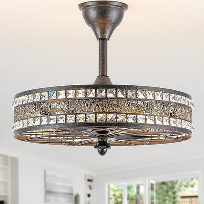 Vintage Chandelier Light Fixture 6-Light,Retro Antique Fandelier Ceiling Fan with Light, Decorative Traditional Crystal Bladeless Caged Enclosed Hanging Pendant for Bedroom, Dining Room, Living Room