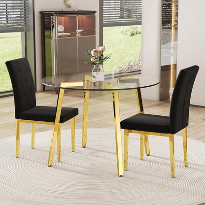 Round Glass Dining Table Set with 2 Black Velvet Chairs, 42 Inch Diameter Clear Tempered Glass Top with Gold Metal Legs, Grid Pattern for Elegant Dining Room and Kitchen