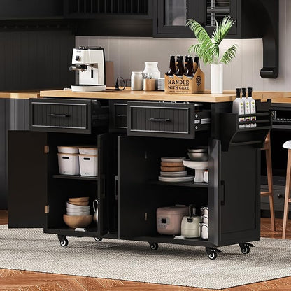 Kitchen Island with Drop Leaf,Power Outlet, Embossed Vertical Stripe Rolling on Wheels with 4 Doors,5 Deep Drawers and Adjustable Shelves,Dining Room (Black@94)