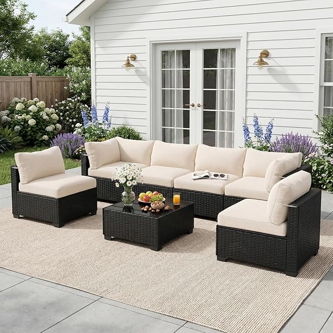 Patio Furniture Set, 7-Piece Outdoor Sectional Couch with Coffee Table & Thick Cushions, Outdoor Wicker Conversation Set for Backyard, Poolside, Garden (Black-White, 7 Piece-Single)