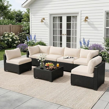 Patio Furniture Set, 7-Piece Outdoor Sectional Couch with Coffee Table & Thick Cushions, Outdoor Wicker Conversation Set for Backyard, Poolside, Garden (Black-White, 7 Piece-Single)