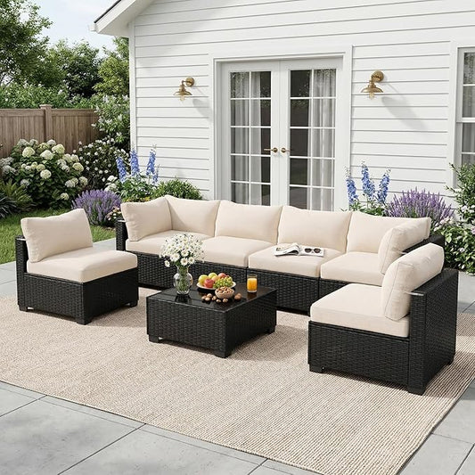 Patio Furniture Set, 7-Piece Outdoor Sectional Couch with Coffee Table & Thick Cushions, Outdoor Wicker Conversation Set for Backyard, Poolside, Garden (Black-White, 7 Piece-Single)