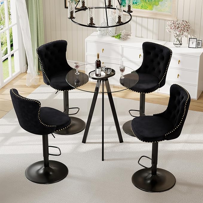 Modern Clear Glass High Top Bar Table Set for 4, Adjustable Bar Stools Island Chairs, Round Pub Table with 4 Velvet Counter Stools for Home Kitchen (Black Metal Legs, Clear Top + Black Chair)