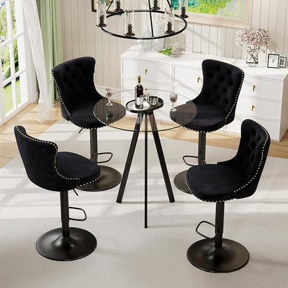 Modern Clear Glass High Top Bar Table Set for 4, Adjustable Bar Stools Island Chairs, Round Pub Table with 4 Velvet Counter Stools for Home Kitchen (Black Metal Legs, Clear Top + Black Chair)