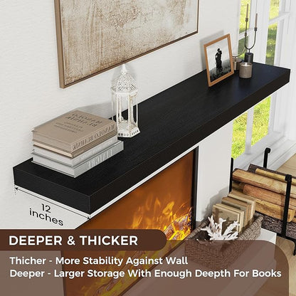 Venusmiles Floating Shelves for Wall, 72 Inch Wide x 12 Inch Deep Floating Shelves, Long Wood Floating Wall Shelf Shelves for Living Room Bathroom Bedroom Kitchen Home - (Black, 72" W x 12" D x 2" H)