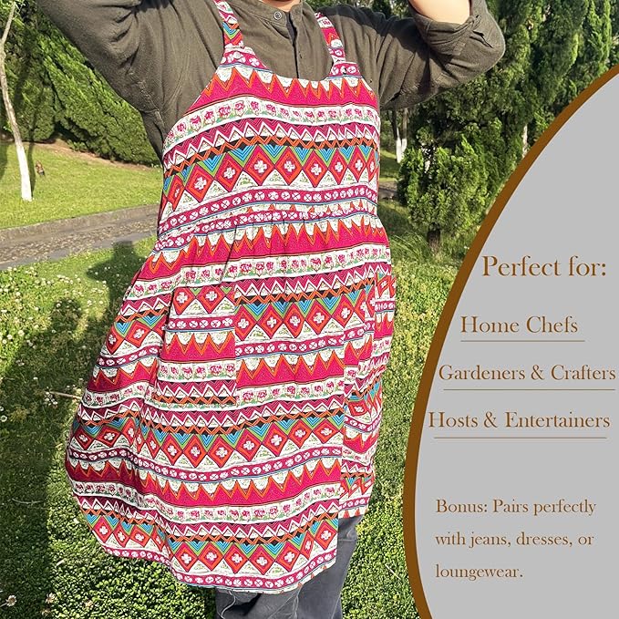 Cityelf Vintage Pinafore Apron Dress Snap Adjust Linen Cotton with Pockets Floral Aprons for Cooking Gardening