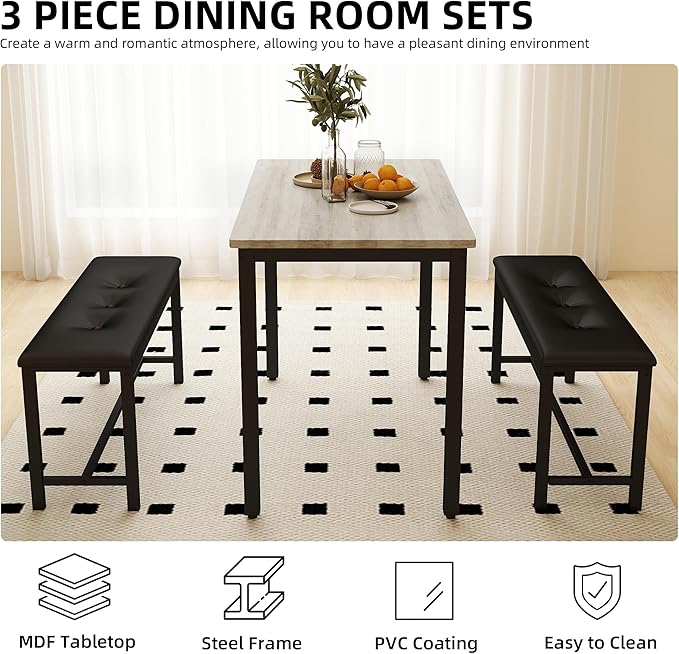 Dining Table Set for 4, Wood Kitchen Table & Chair with 2 Upholstered Benches for Breakfast Nook and Small Space, Grey