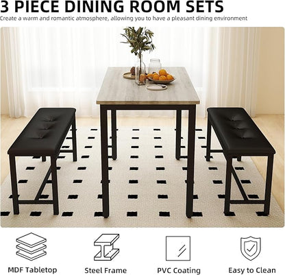 Dining Table Set for 4, Wood Kitchen Table & Chair with 2 Upholstered Benches for Breakfast Nook and Small Space, Grey