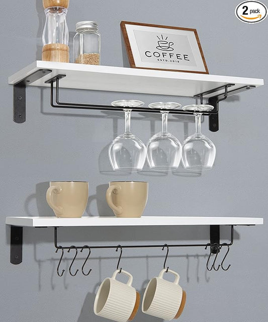 Afuly Coffee Bar Shelf, 20 Inch Wall Mounted Shelves for Mugs & Glasses, Floating Shelves with 8 Hooks, Coffee Cup Wall Holder, Set of 2