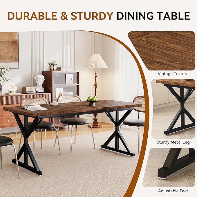 Farmhouse Dining Table for 6 People, 70.8 Inch Rectangular Wood Dining Table, Rustic Kitchen Table with Extra Heavy Duty Metal Legs for Dining Room-Walnut