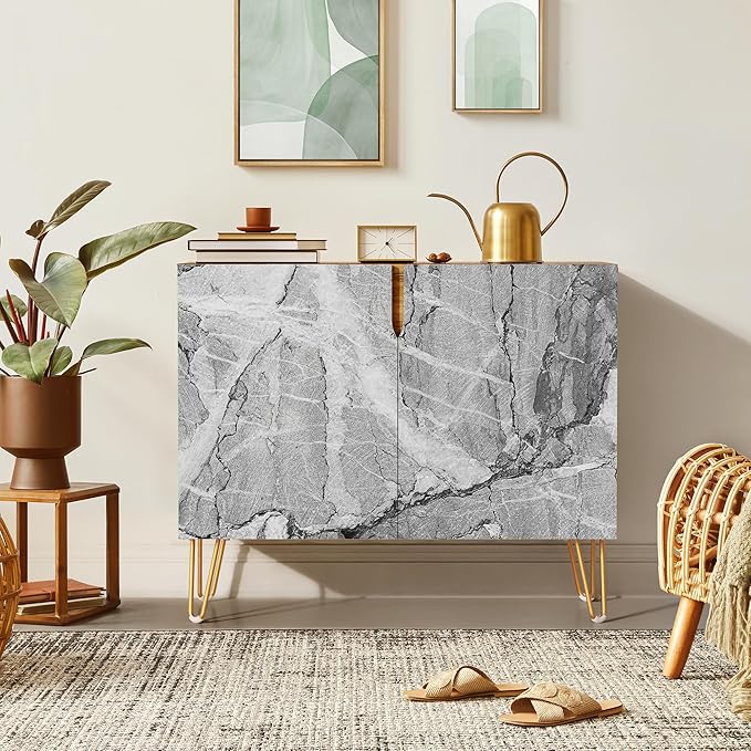 SIGNWIN Sideboard Buffet Cabinet, Kitchen Storage Cabinet with 2 Doors, Gray & White Granite Stonewash Style, Cupboard Console Table for Dining Room - 35" L x 18" W x 29" H