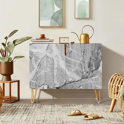 SIGNWIN Sideboard Buffet Cabinet, Kitchen Storage Cabinet with 2 Doors, Gray & White Granite Stonewash Style, Cupboard Console Table for Dining Room - 35" L x 18" W x 29" H