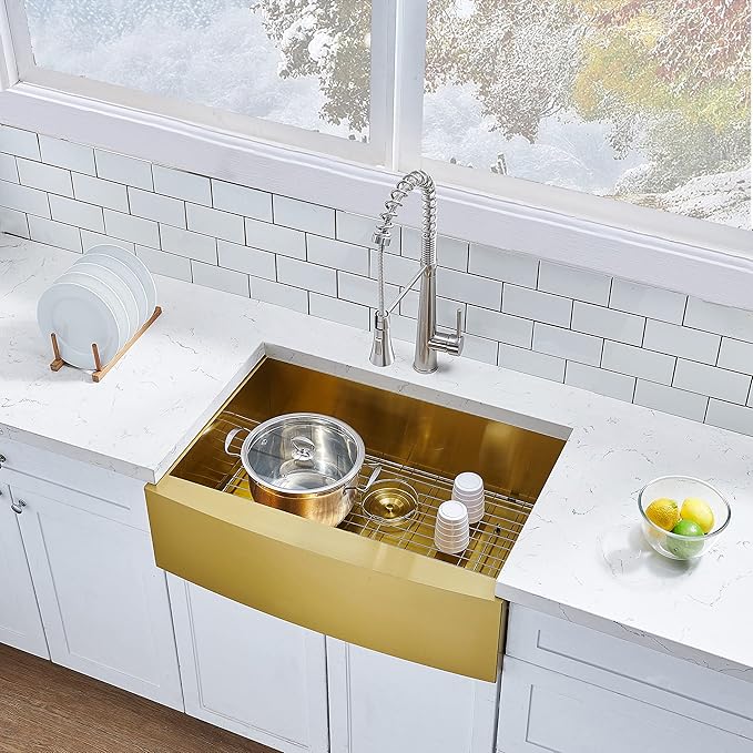 HOTIS Gold Farmhouse Sink, 30 Inch Gold Kitchen Sink, Flat Apron-Front Undermount Drop In Farm Sinks, Stainless Steel Single Bowl Handmade Farmhouse Kitchen Sinks With Accessories