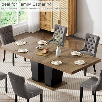78.74" Extendable Dining Table for 6 8 10, Modern Farmhouse Expandable Kitchen Table with Dual Column Pedestal, Large Rectangle Wooden Expanding Table for Kitchen Dining Conference Room, Brown & Black
