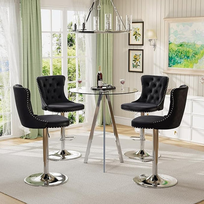 5 Pcs Round Glass High Top Bar Table Set, Rustic Swivel Barstools Island Chair, Small Circle Pub Table & 4 Adjustable Velvet Counter Stool with Back (Silver Metal Legs, Clear Top + Black Chair)