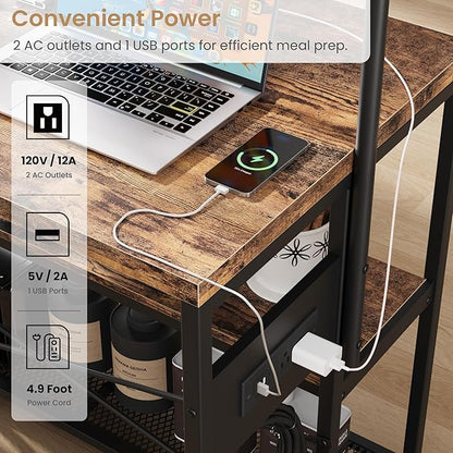 Garvee Kitchen Island with Power Outlet & 2 Bar Stools, Industrial Bakers Rack with 3-Tier Shelves & 5 Hooks, Microwave Stand Coffee Bar Table for Dining Room, Living Room, Apartment