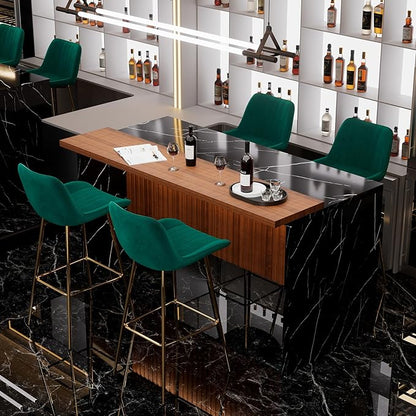 Modern Bar Table and Bar Stools Set, Marble-Look Counter Table with Wood Accent Top & Green Velvet Bar Chairs Set of 4 with Gold Legs, Kitchen Island Pub Table Set for Home Bar, Dining Room