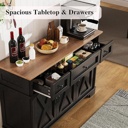 BestHaped Farmhouse Buffet Cabinet with Storage, Black Sideboard Buffet Cabinet with Adjustable Shelves & 3 Drawers, Buffet Table Coffee Bar Wine Bar Storage for Kitchen & Living Room, 47 Inch
