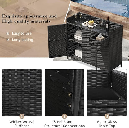 47.5 Inch Outdoor Storage Cabinet Wicker Buffet Table Patio Sideboard Tempered Glass Top Adjustable Shelves 3 Door Rattan Kitchen Island Drawer Dining Serving Console Metal Frame Black Brown