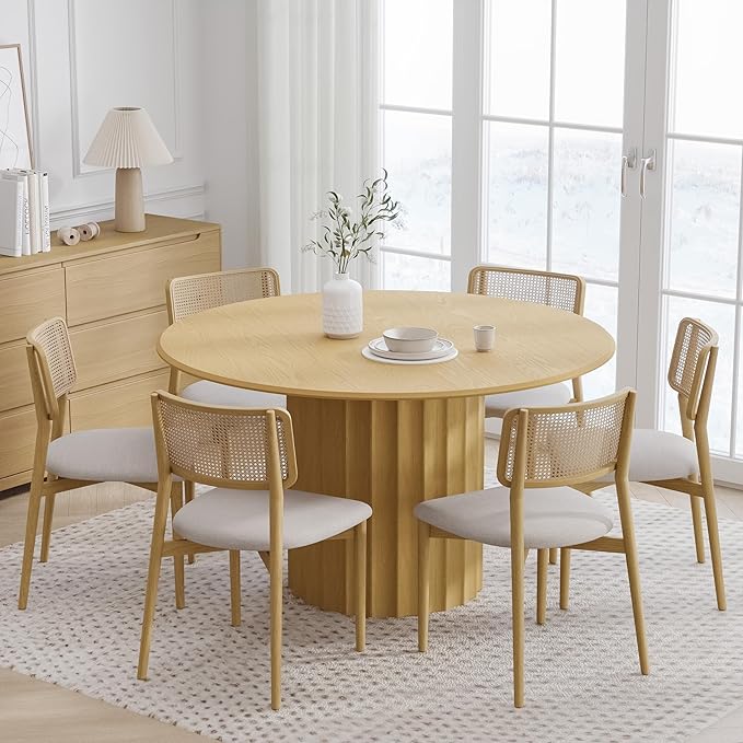 Casaphoria 52" Round Dining Table, Modern Wood Kitchen Table with Cylindrical Wide Bar Concave Base for Living Room & Dining Room, Easy Assembly Farmhouse Furniture for 4-6, Oak