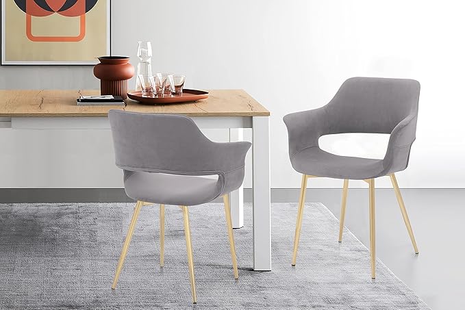 Armen Living Gigi Grey Velvet Dining Room Chair with Gold Metal Legs - Set of 2