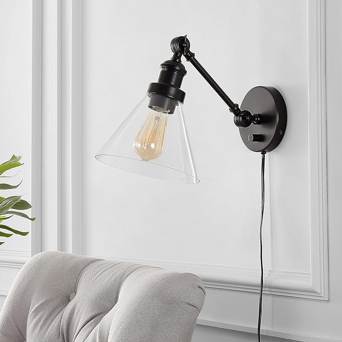 JONATHAN Y 8" Oil Rubbed Bronze Adjustable LED Wall Sconce, Plug-in Wall Lamp with Dimmer Switch, Clear Glass Shade for Bedroom Living Room Kitchen, LED Bulb Included JYL7575A