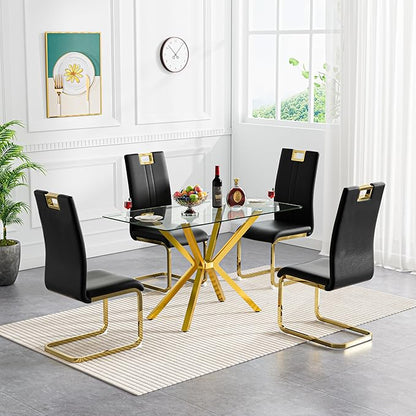 47-Inch Modern Dining Table for 4 - Small Gold Kitchen Table With 0.32" Rectangular Tempered Glass Top and Gold Metal Legs - Clear Glass for Dining Room