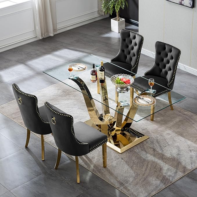 70inch Glass Dining Table for 4 6, Luxury Glass Kitchen Dining Room Table with Gold Mirrored Steel Base,Modern Large Rectangle Tempered Glass Top Dinner Tables for Kitchen, Dining Room