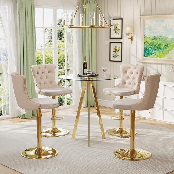 Clear Glass High Bar Table & 4 Adjustable Velvet Barstools Island Chairs, 5 PCS Round Farmhouse Bistro Pub Table Set, Swivel Counter Height Chairs (Gold Metal Legs, Clear Top + Beige Chair)