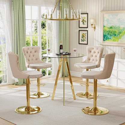 Clear Glass High Bar Table & 4 Adjustable Velvet Barstools Island Chairs, 5 PCS Round Farmhouse Bistro Pub Table Set, Swivel Counter Height Chairs (Gold Metal Legs, Clear Top + Beige Chair)