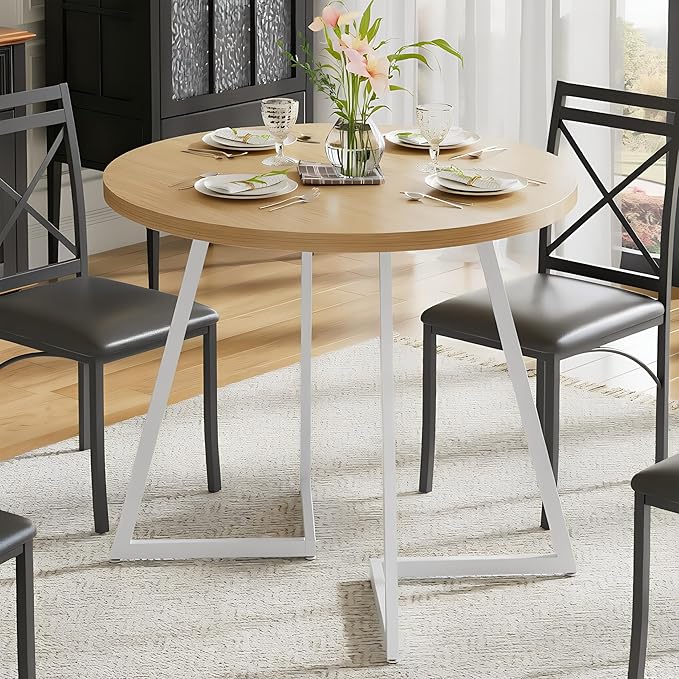 VECELO 35" Round Dining Table for 4, Wood-Grain Tabletop & Heavy-Duty Steel Frame, for Kitchen, Living Room, Easy Assembly, Natural & White