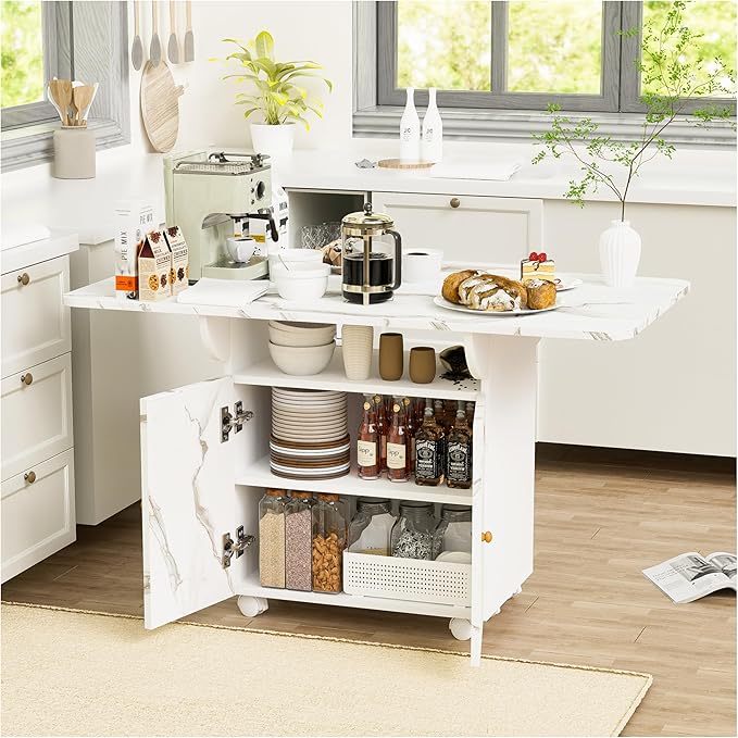 47" Folding Dining Table with Cabinet & Wheels, White Marble Kitchen Island - Versatile Entryway & Coffee Table