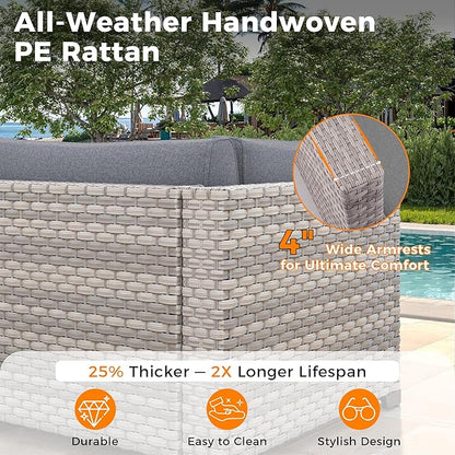 10-Seat Outdoor Wicker Patio Furniture Set with Fire Pit Table, Modular Rattan Sectional Sofa & 2 Swivel Rocking Chairs, 4" Thick Cushions, Rust-Resistant Frame,Gray