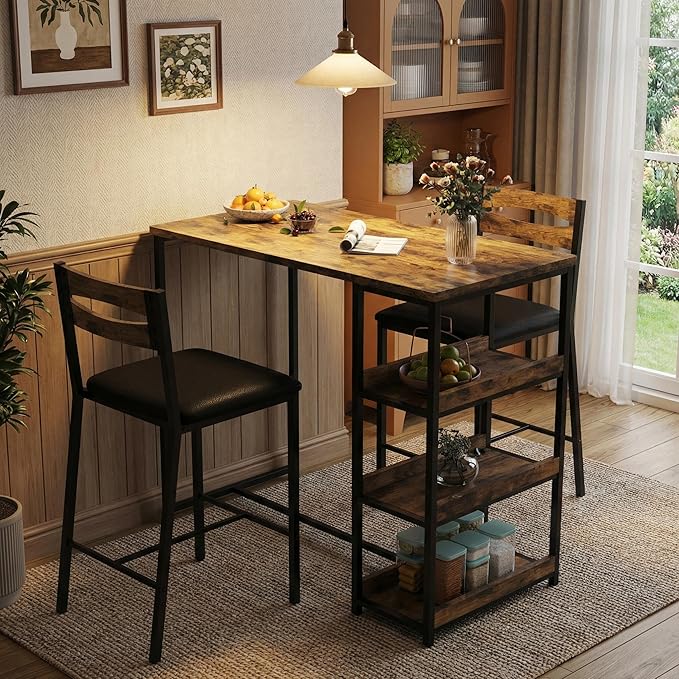 GarveeHome 3-Piece Kitchen Table Set with Storage Shelves & 2 Upholstered Chairs - Iron and Wood Dining Table for Small Spaces, Apartments, Condos, Rustic Brown