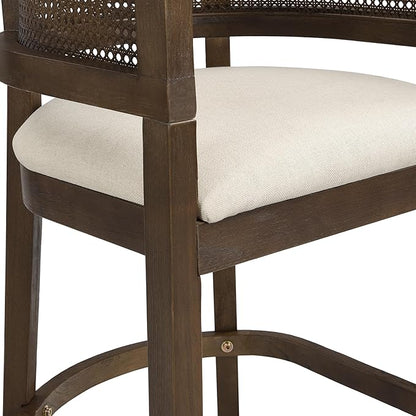 Set of 2 Upholstered Arm Counter Stools with Solid Rubberwood Frame & Natural Rattan Caned Back,Soft Padded Seating,Transitional Farmhouse Chairs for Kitchen Island Dining Room,25.5" H Walnut