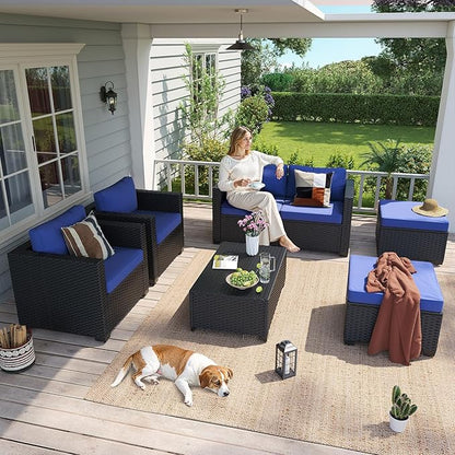 Aoxun 7 Piece Outdoor Patio Furniture Set 6 Seats, Outdoor Sectional with Thick Waterproof Cushions, Patio Conversation Sets for Garden,Backyard, Porch, Balcony, Deck, Black & Blue